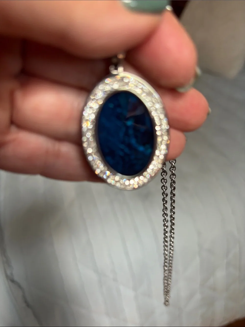 Silver Necklace with Dark Blue Oval Pendant